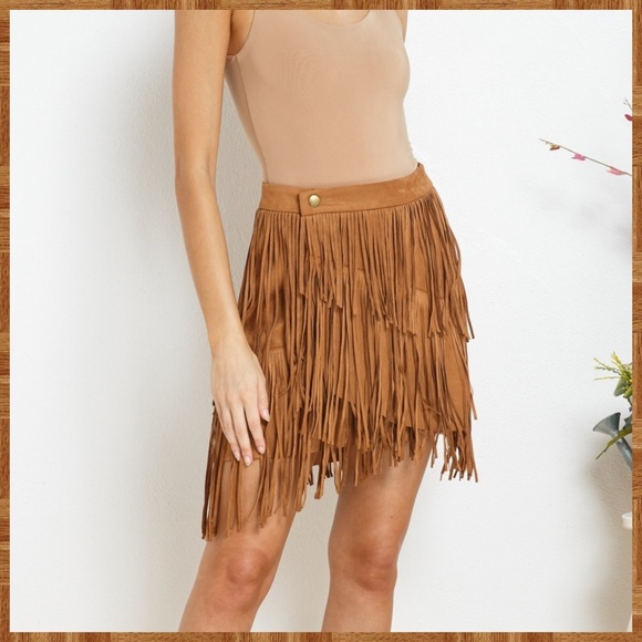 Sexy Faux Suede Mini Skirt Asymmetrical Fringe Details Banded Waistband - Picture 7 of 13